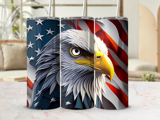 Tumbler with patriotic eagle design and American flag motif.
