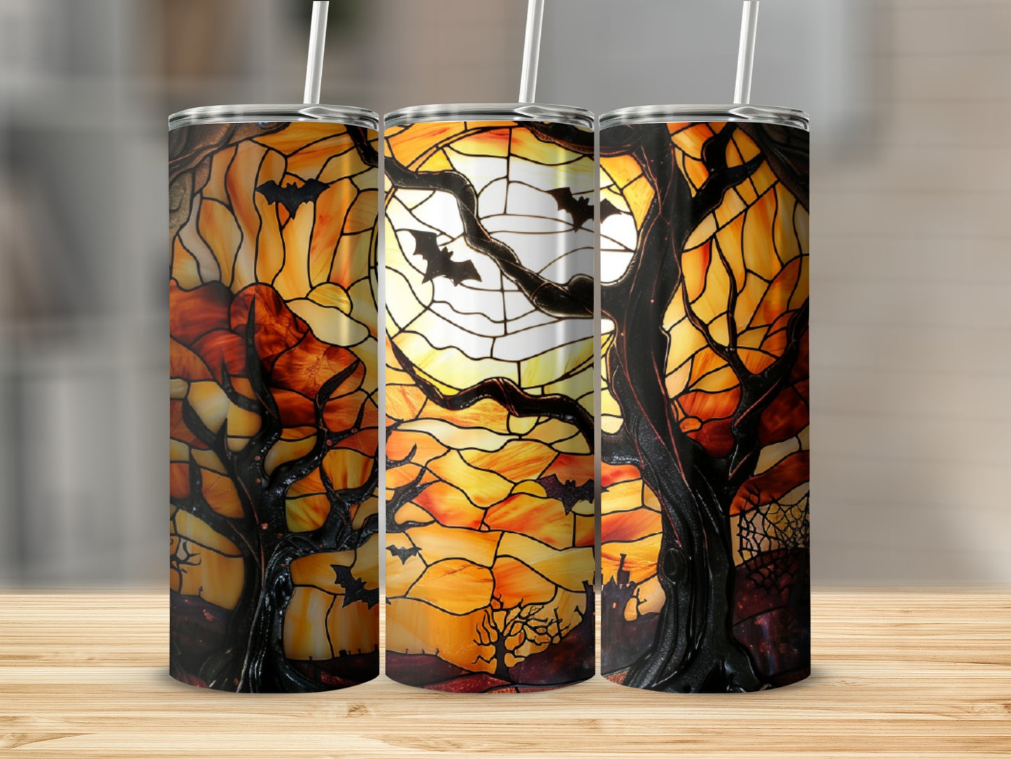 Halloween stained glass tumbler with bats, spooky tree, and moon.