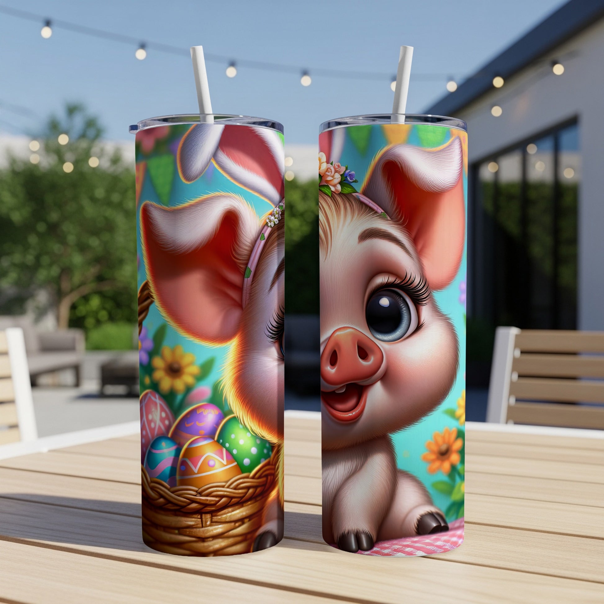 Pig with Easter eggs in basket on decorated tumbler.