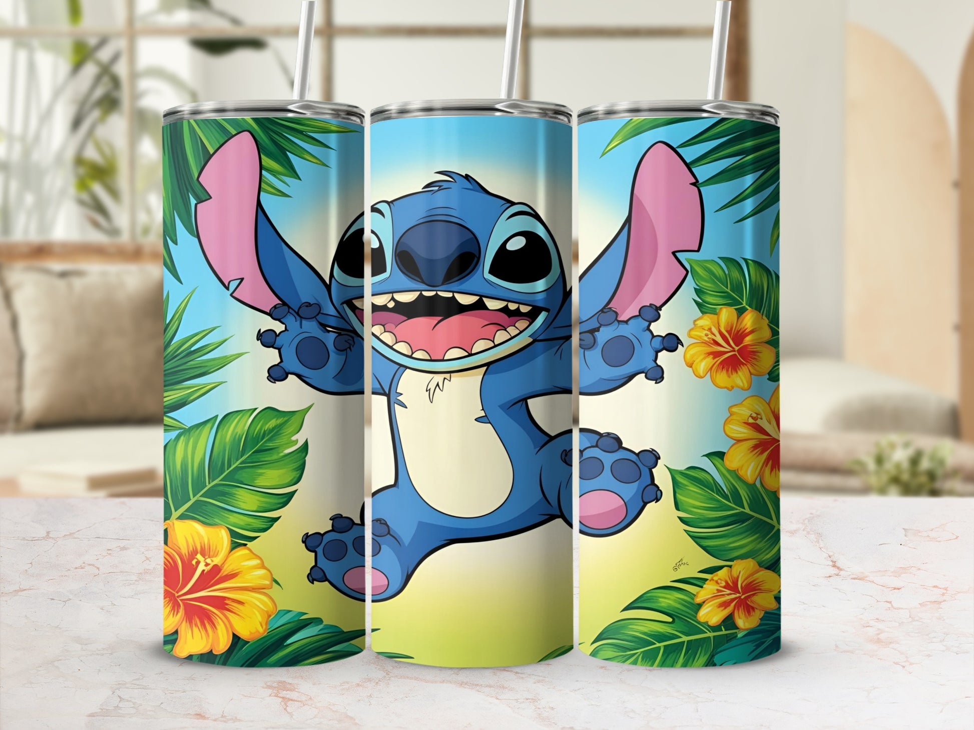 Stitch character from Lilo & Stitch in a tropical setting.