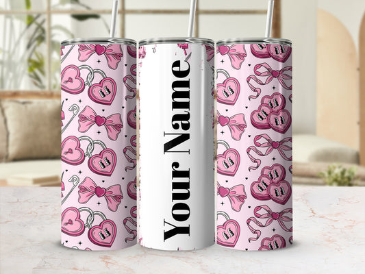 Customizable Pink Heart Lock and Bow Tumbler