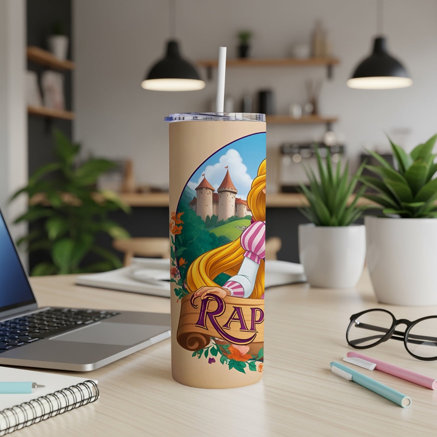 Rapunzel character on a tumbler with a castle and flowers.