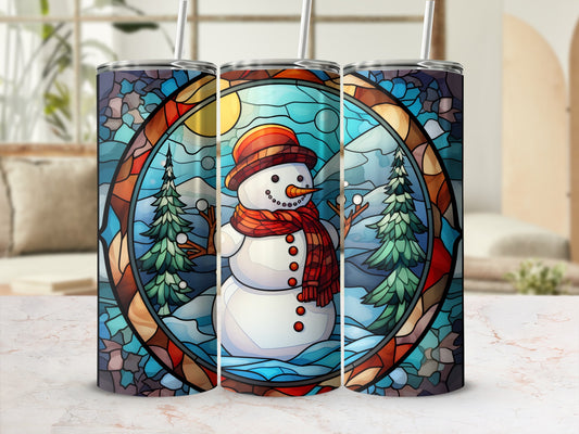 Snowman in a stained glass circle with trees and sun, 20oz tumbler.