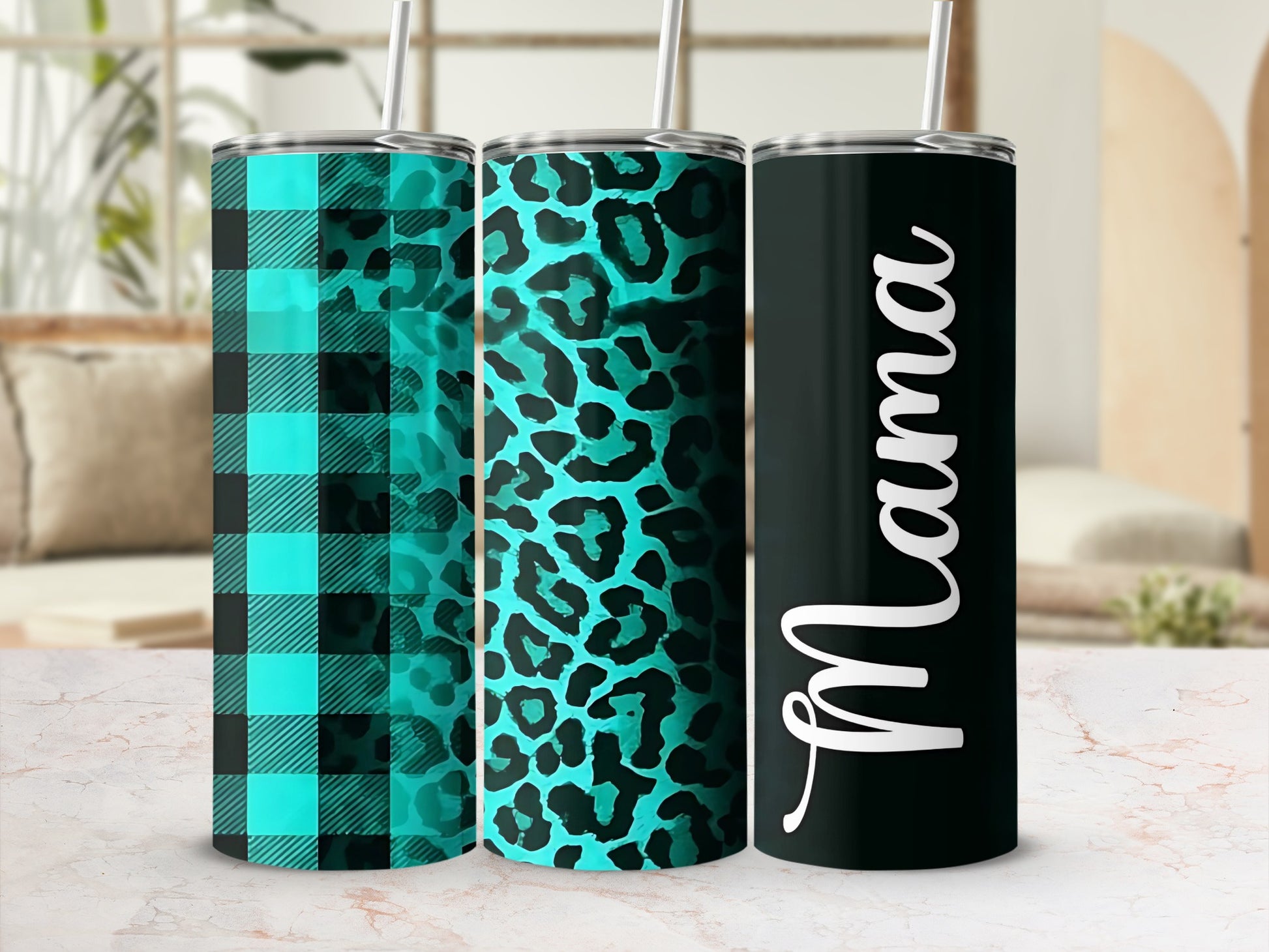 Teal Checkered Leopard Print Mama Design Tumbler