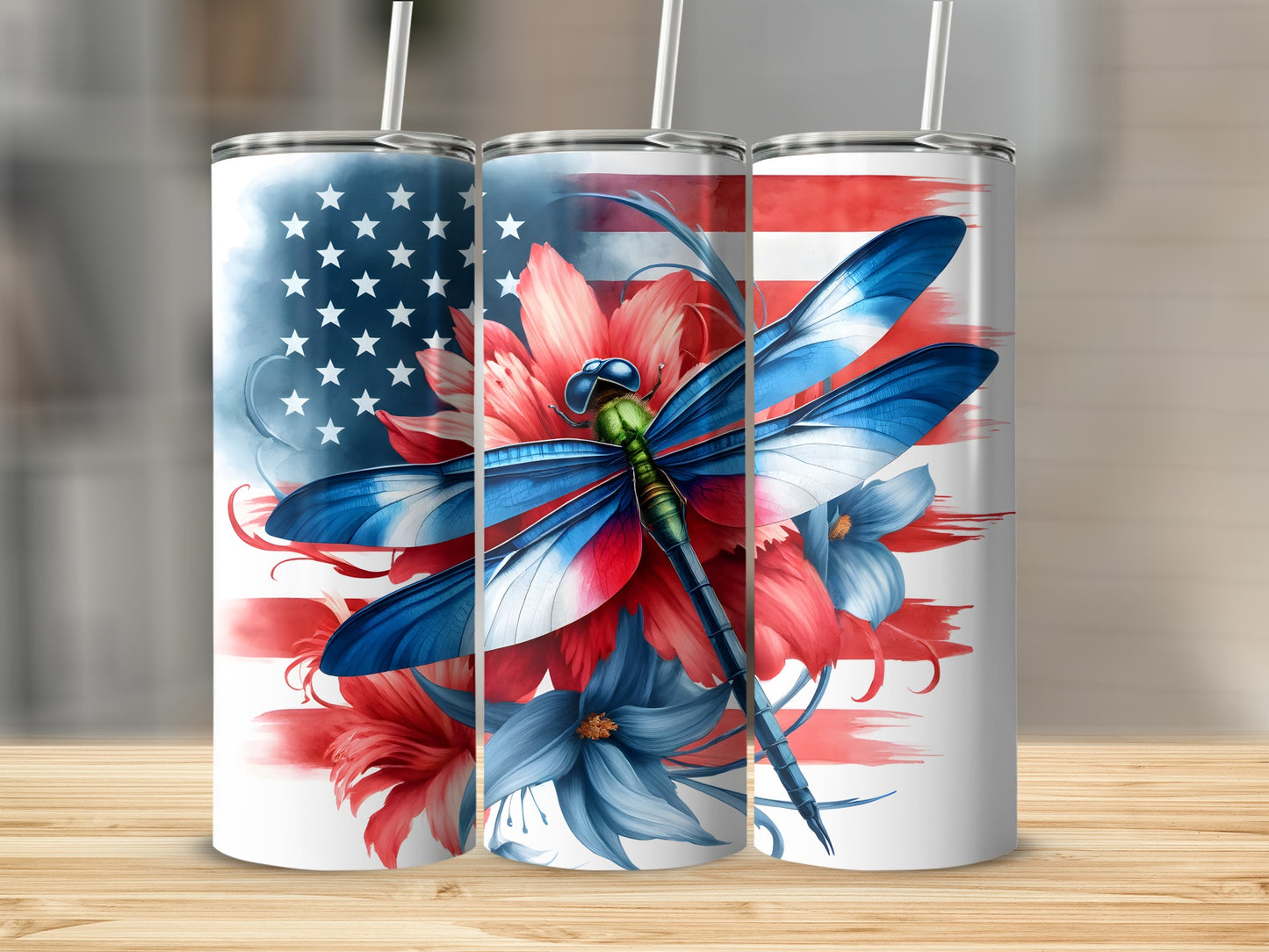 Dragonfly with red, white, and blue wings superimposed on American flag.