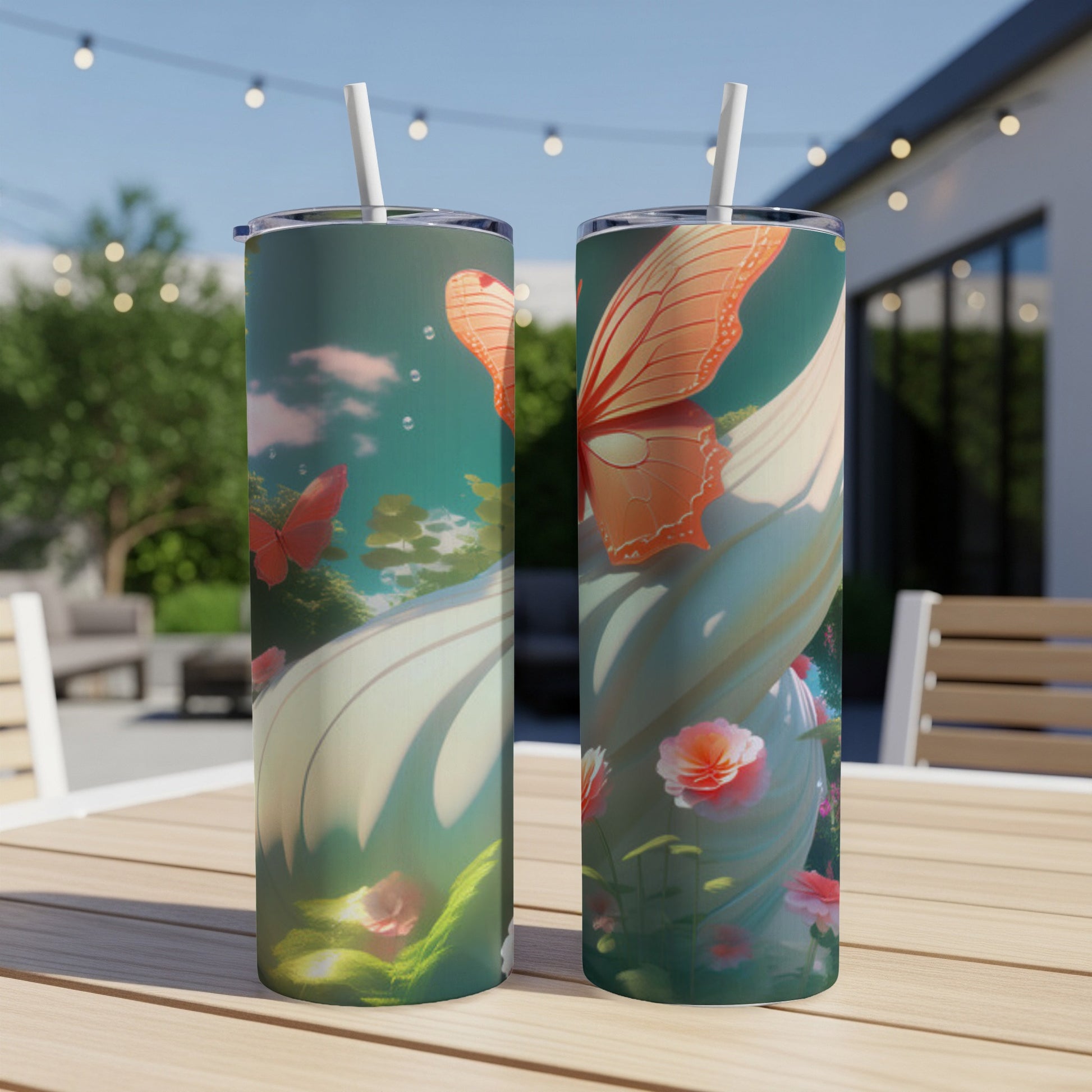 Two tall tumblers with a whimsical butterfly and floral design.