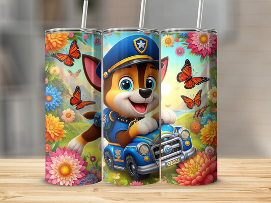 Colorful Puppy in Car with Butterflies and Flowers Tumbler