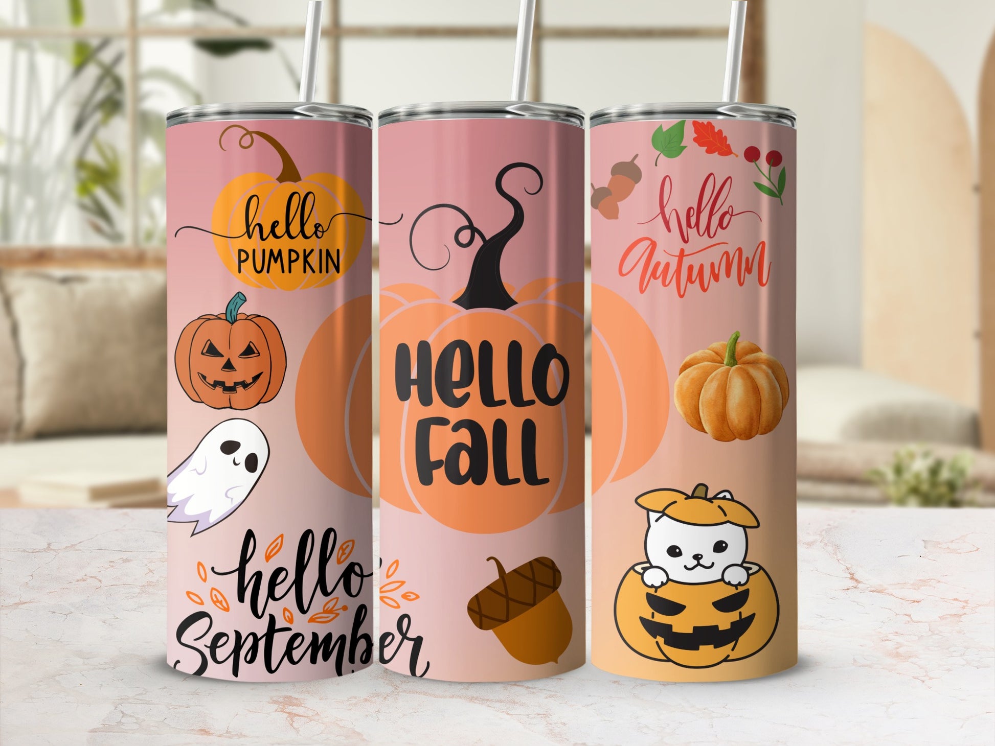 Hello Fall Autumn Pumpkin Halloween Themed Tumbler