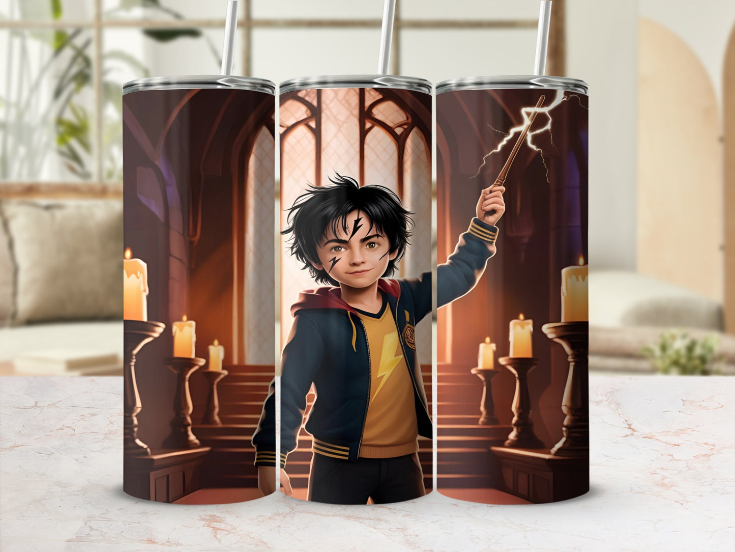 Harry Potter casting a spell in a dimly lit, grand hall with candles.
