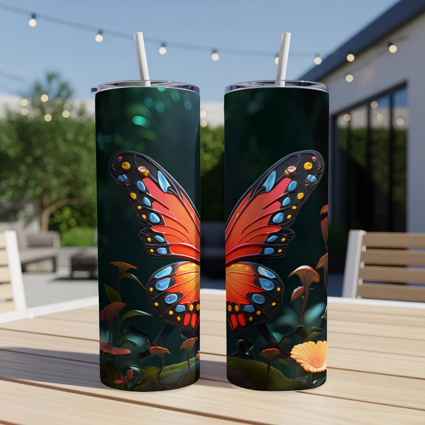 Two tumblers featuring a colorful butterfly on a dark, floral background.
