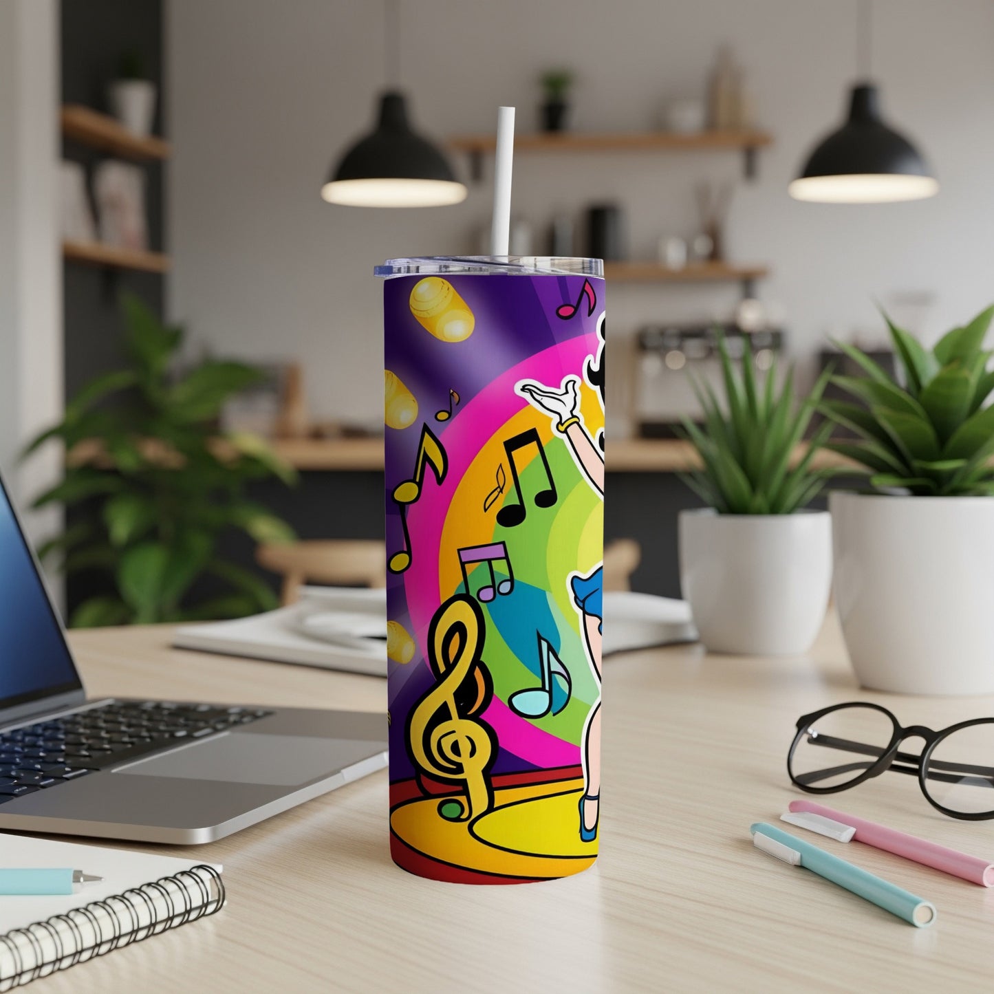 Rainbow background with musical notes and a cartoon woman singing on a tumbler.