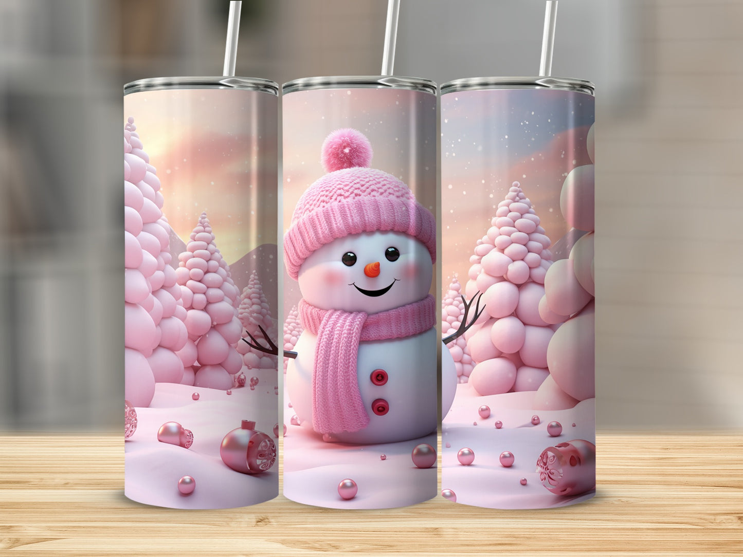 Pink Snowman Scene with Christmas Trees Tumbler