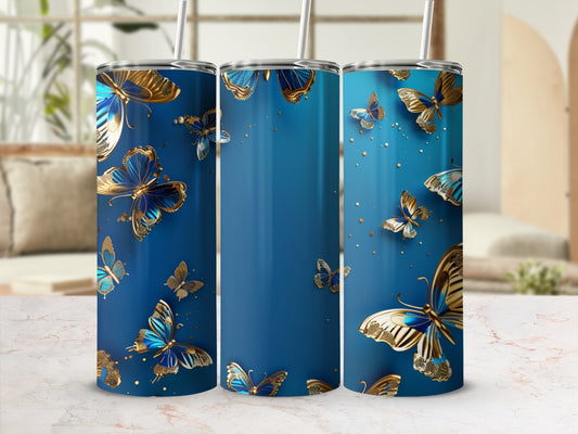 Blue tumbler with gold and blue butterflies and small dots.