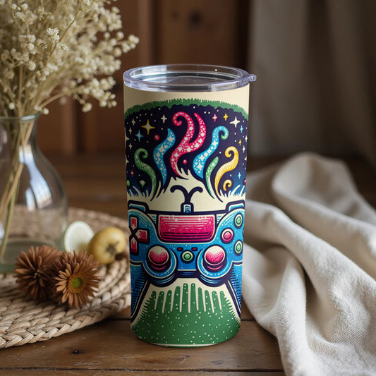 Retro Boombox and Cosmic Patterns Travel Mug