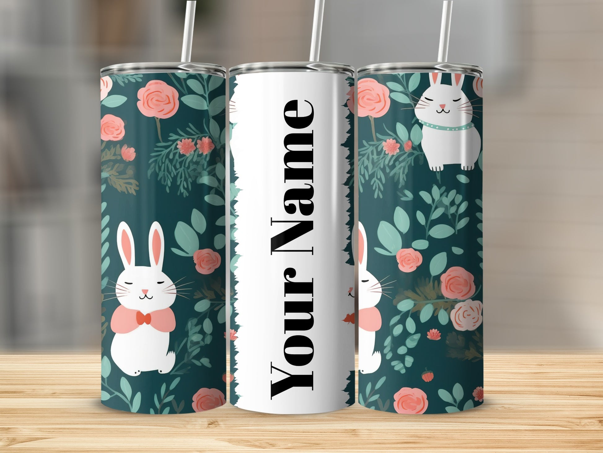 Personalized Floral Bunny Your Name Tumbler Cup