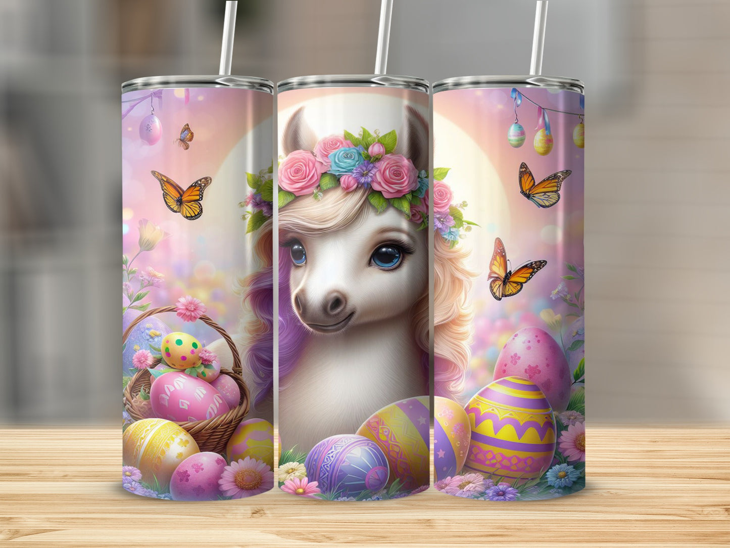 Easter llama with colorful eggs and butterflies.