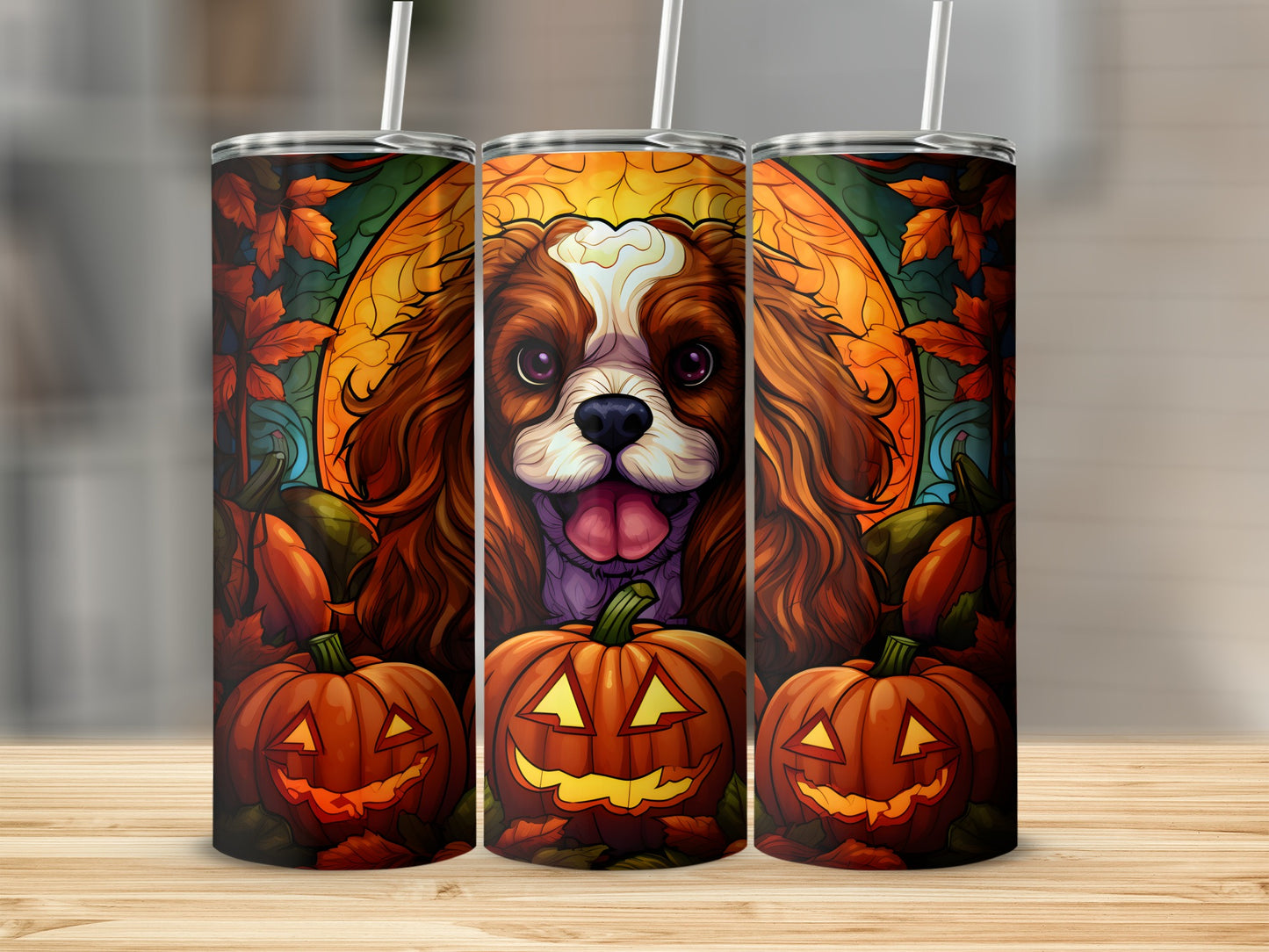 Three tumblers with a Halloween dog and jack-o'-lantern design.