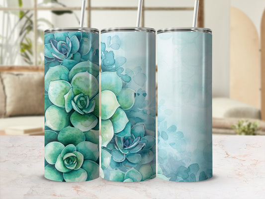 Three tumblers with watercolor succulent designs.