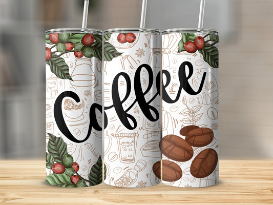 Coffee Beans and Leaves Tumbler with Decorative Design