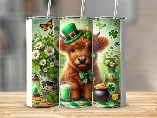 Cow wearing St. Patrick's Day hat, holding drink, with shamrocks and gold coins.