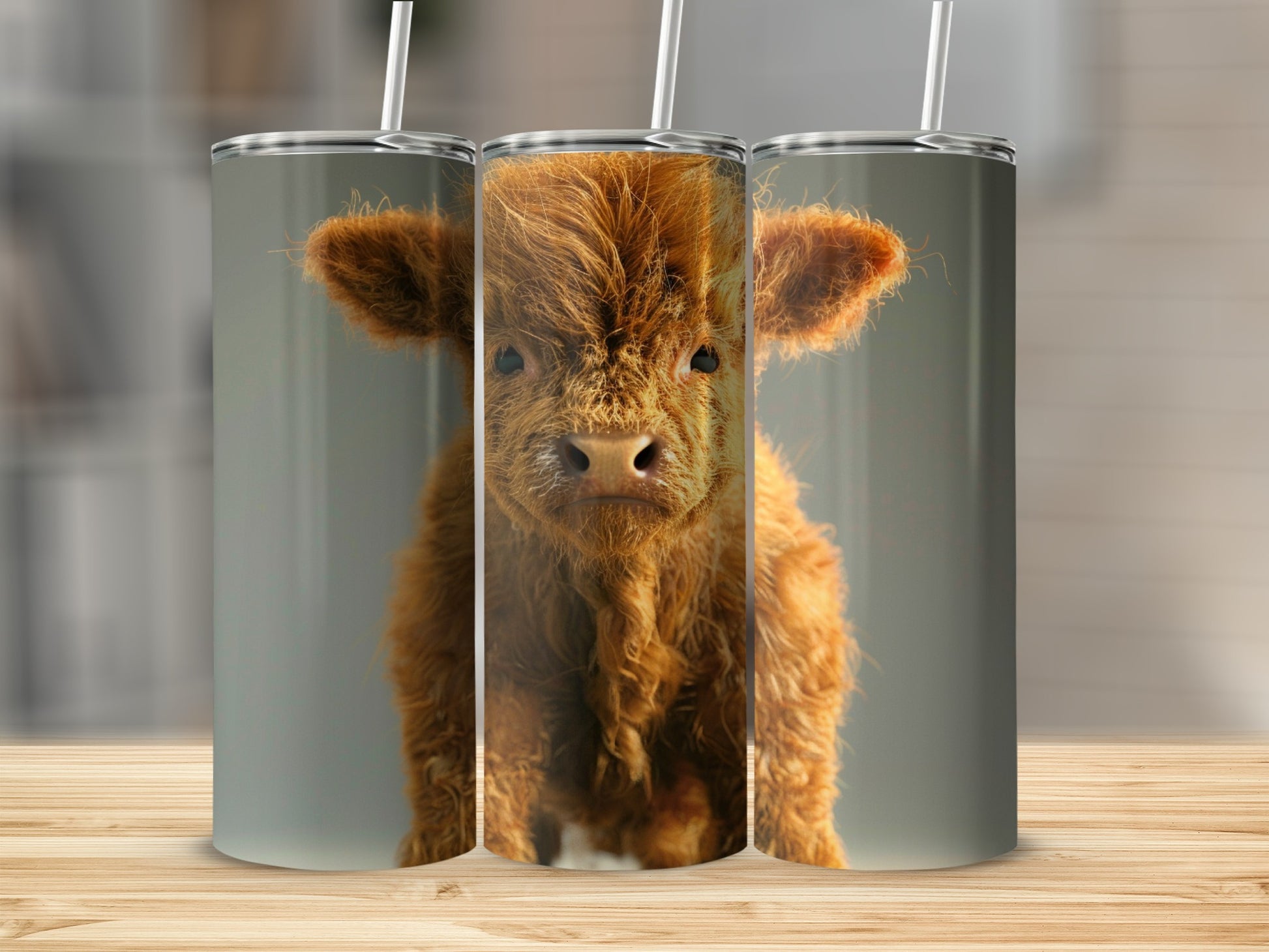 Fluffy Highland cow calf on a cylindrical tumbler.