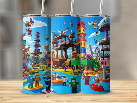 Three colorful tumblers featuring Roblox-style characters and vibrant, block-built worlds.