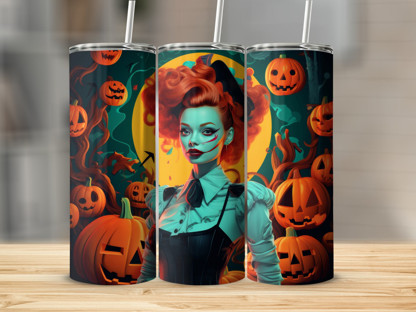 Three tumblers with a Halloween theme featuring pumpkins and a stylized woman.