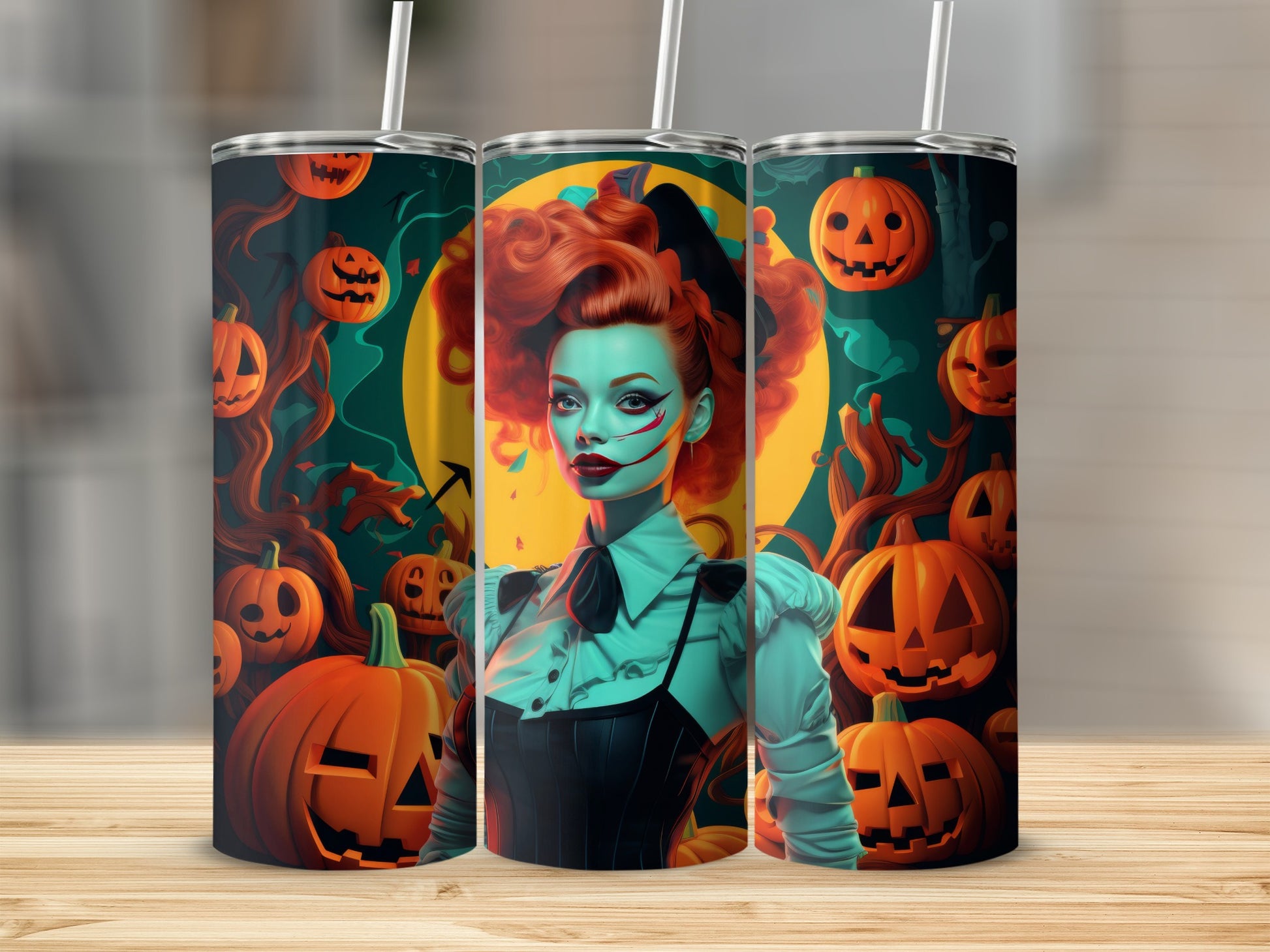 Three tumblers with a Halloween theme featuring pumpkins and a stylized woman.