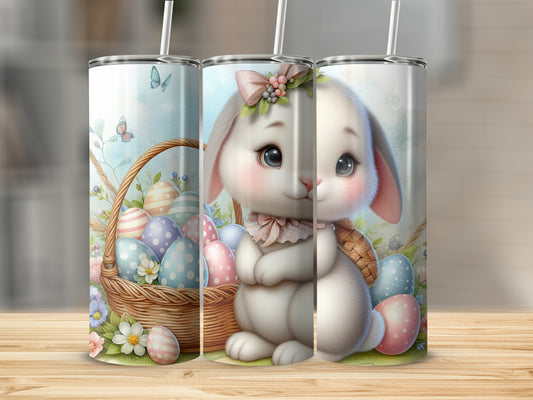 Easter bunny with decorated eggs in a basket and floral accents.