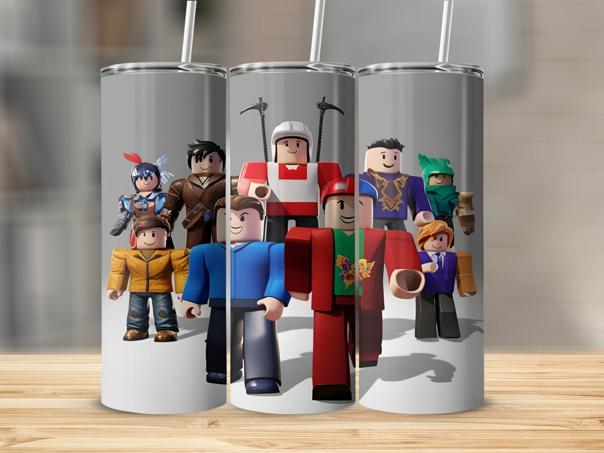 Roblox characters with distinct outfits on a gray tumbler.