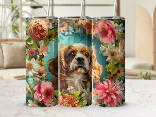Dog surrounded by floral art on a tumbler.