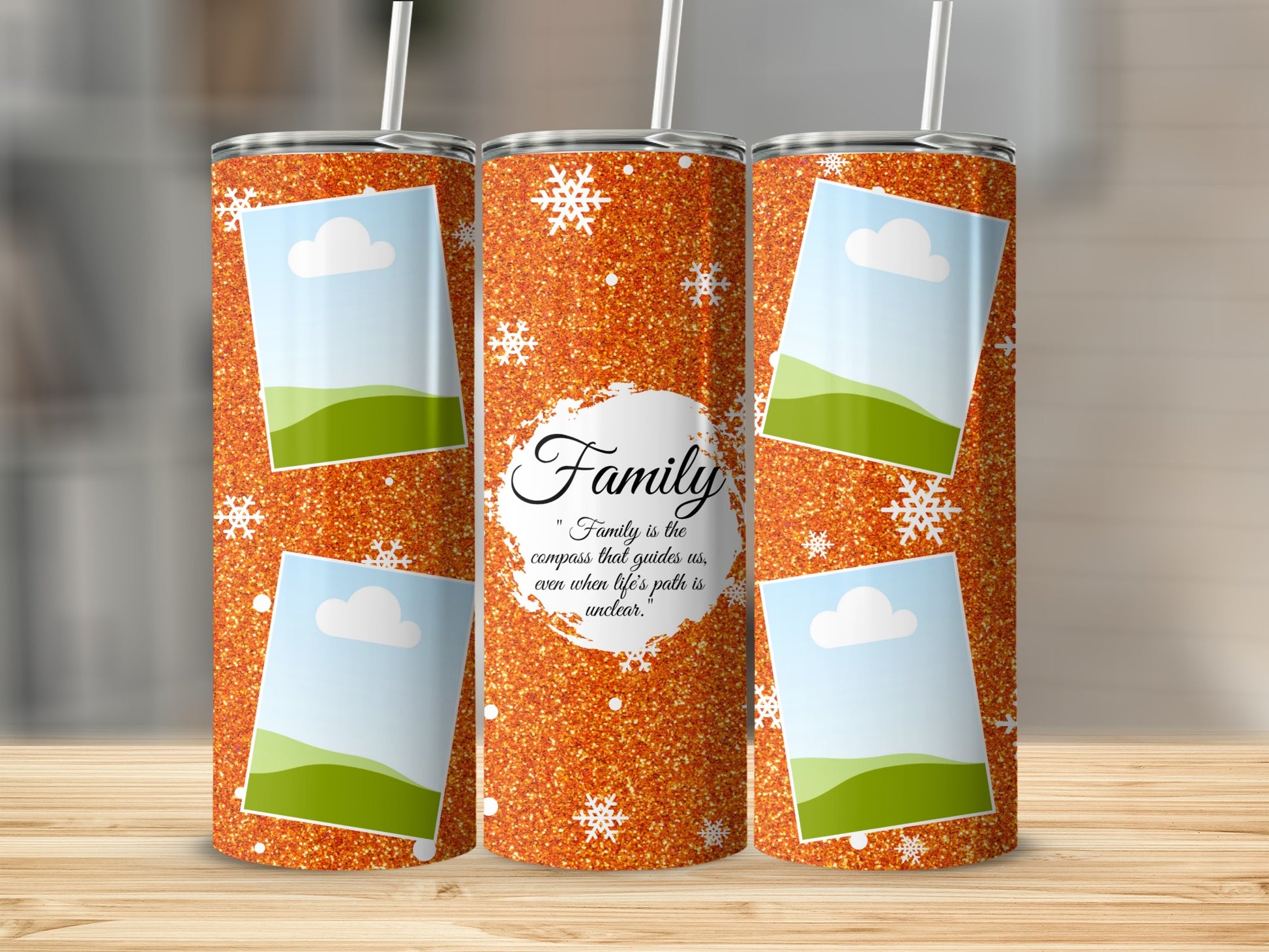 Orange glitter tumblers with snowflakes, photo frames, and the quote "Family is the compass that guides us, even when life's path is unclear."