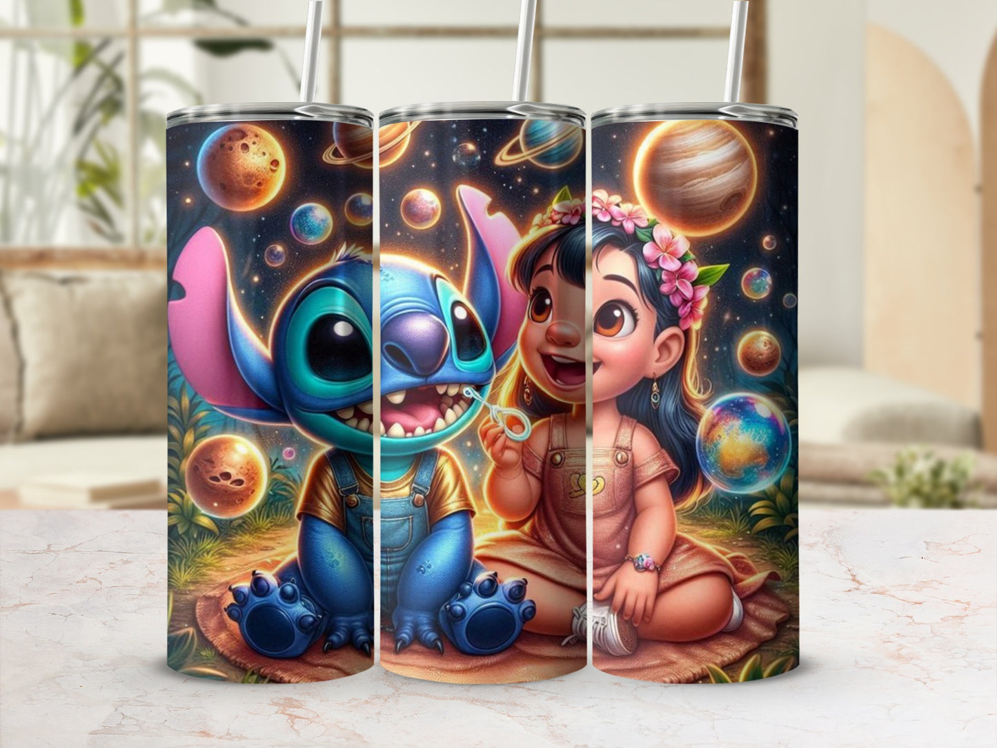 Adorable Cartoon Characters in Space Scene Tumbler Cup