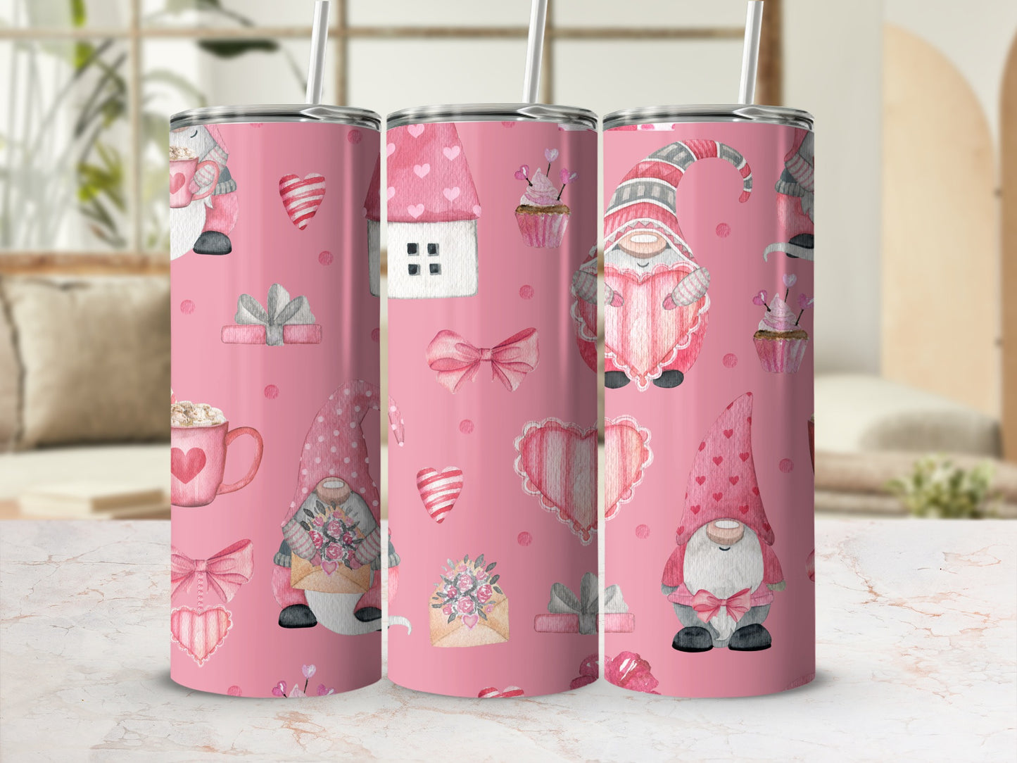 Adorable Gnome Heart Themed Pink Tumbler Cup