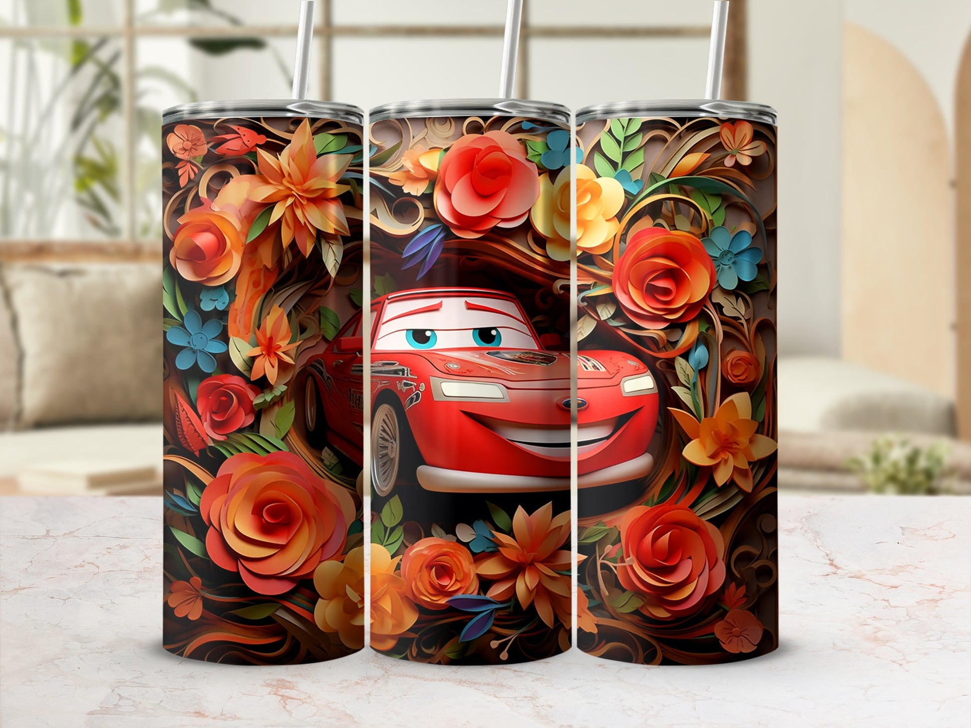 Colorful Floral Car Design Tumbler for Car Enthusiasts