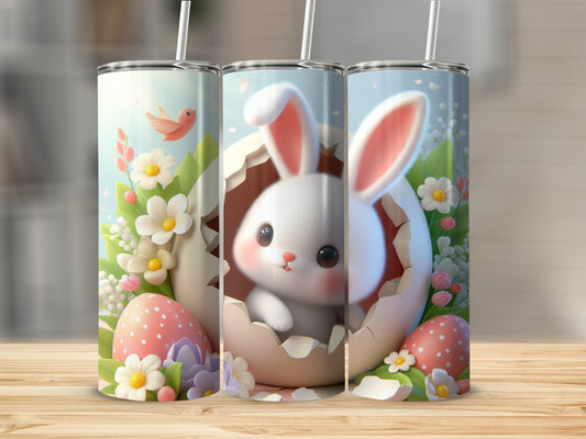 Easter bunny peeking from cracked egg surrounded by flowers and eggs.
