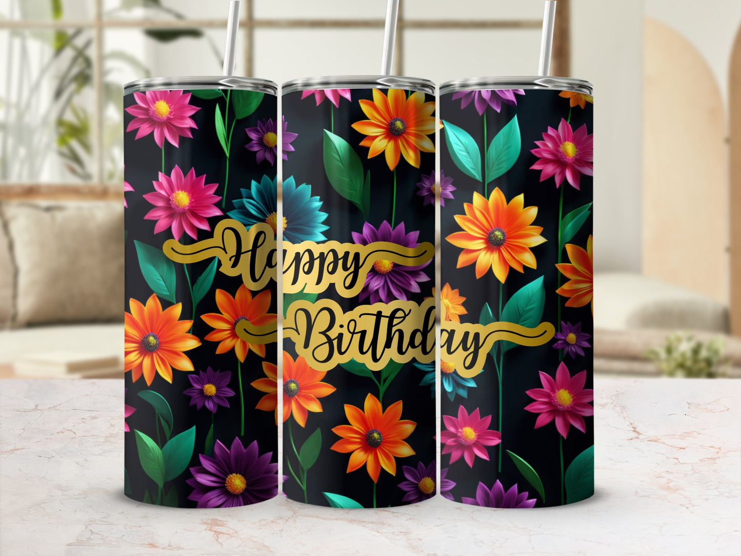 Three floral tumblers with "Happy Birthday" text in gold.