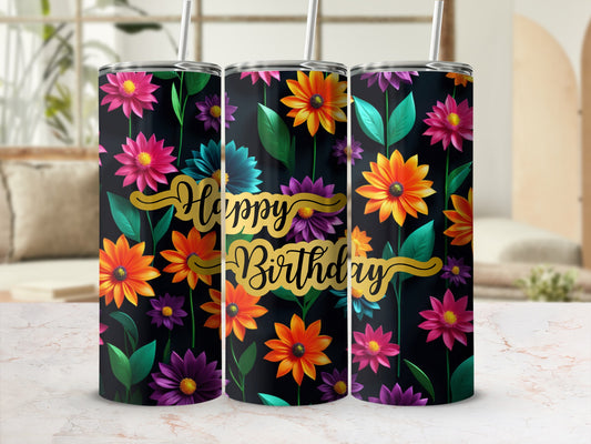 Three floral tumblers with "Happy Birthday" text in gold.