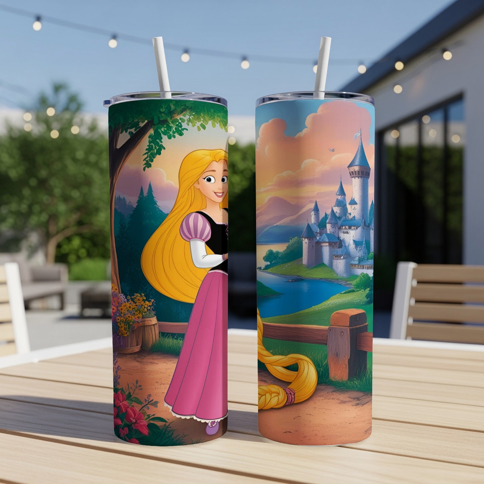 Rapunzel tumbler with castle scene, showing blonde braided hair and floral accents.
