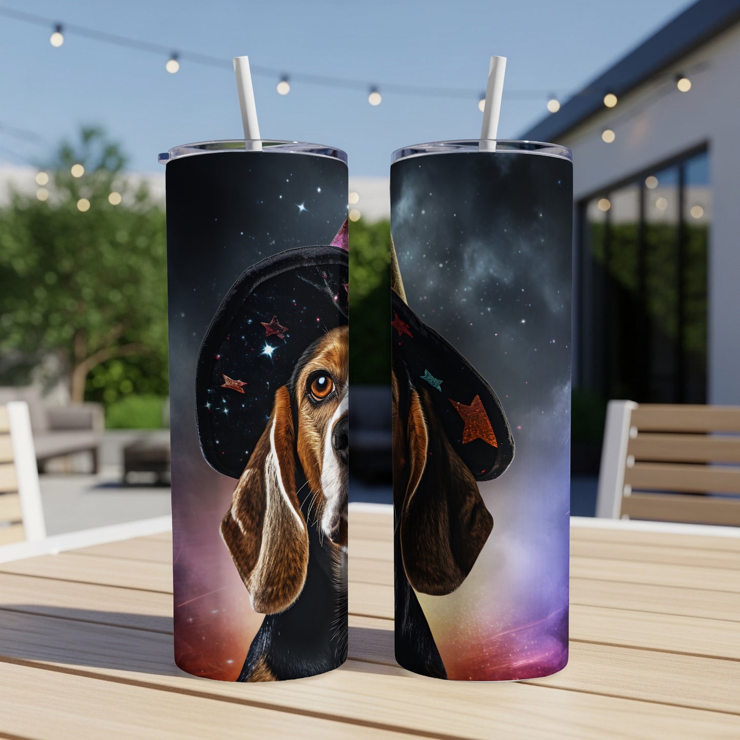 Two tumblers feature a beagle wearing a witch hat against a starry night background.