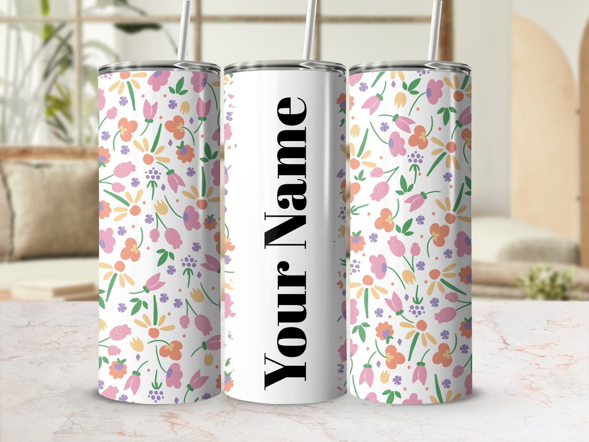Personalized Floral Design Tumbler Customizable Name