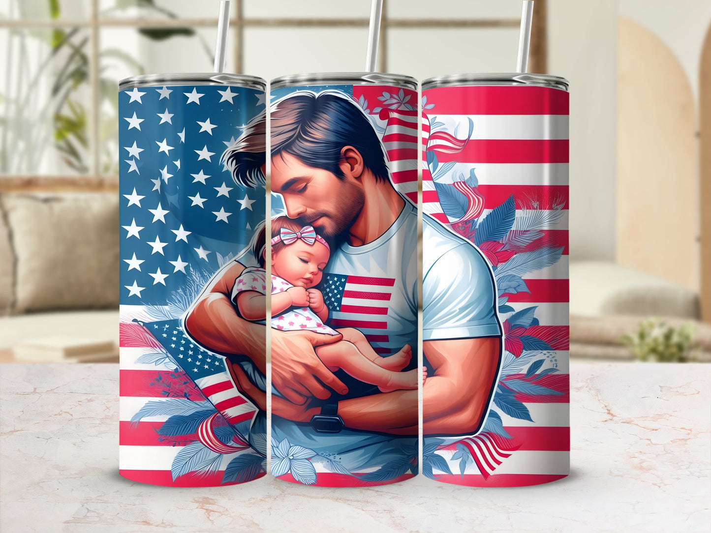 Father and baby with American flag design on a tumbler.