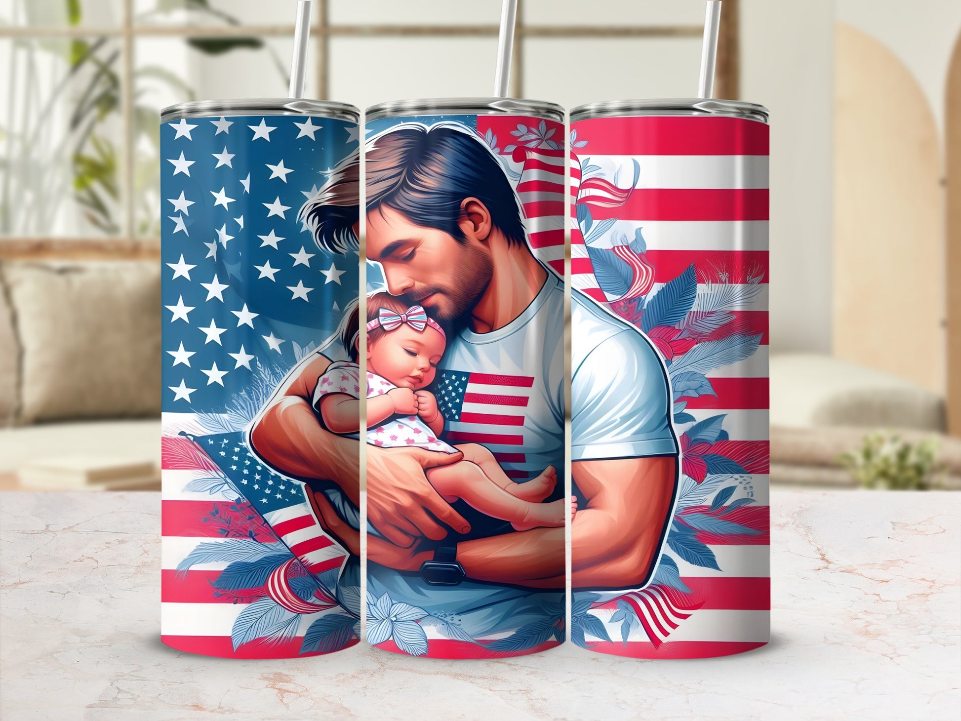 Father and baby with American flag design on a tumbler.
