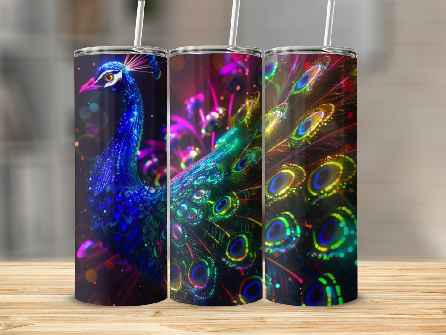 Three tumblers with colorful peacock feather designs on a wooden surface.