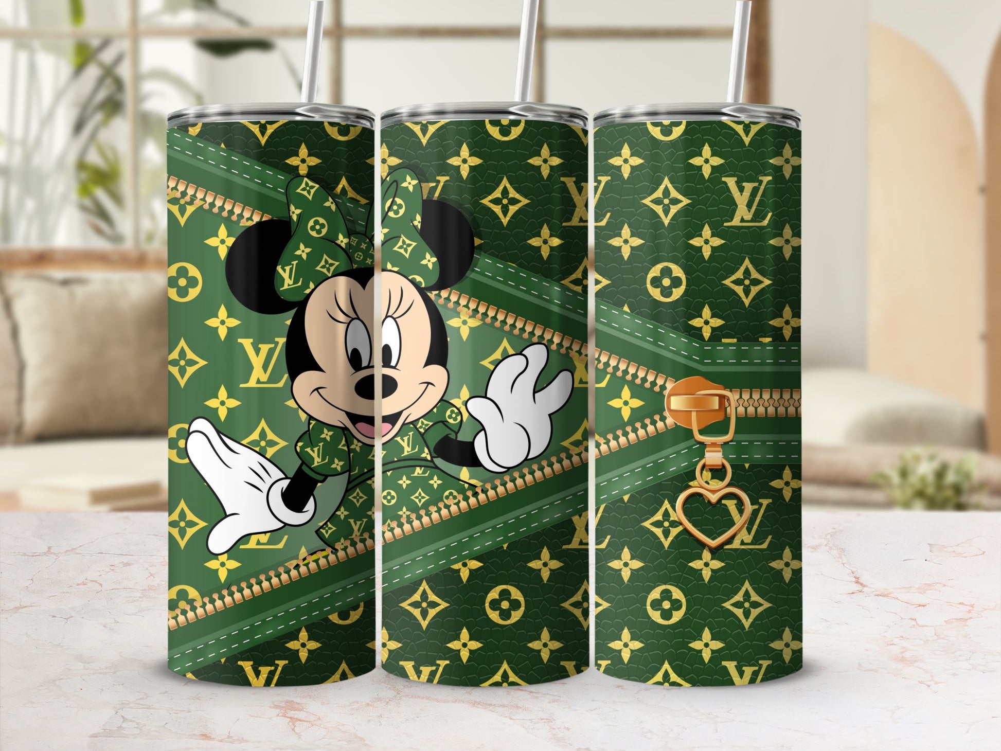 Minnie Mouse on green background with gold LV-like pattern and zipper design.