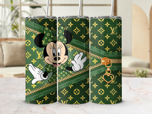 Minnie Mouse on green background with gold LV-like pattern and zipper design.