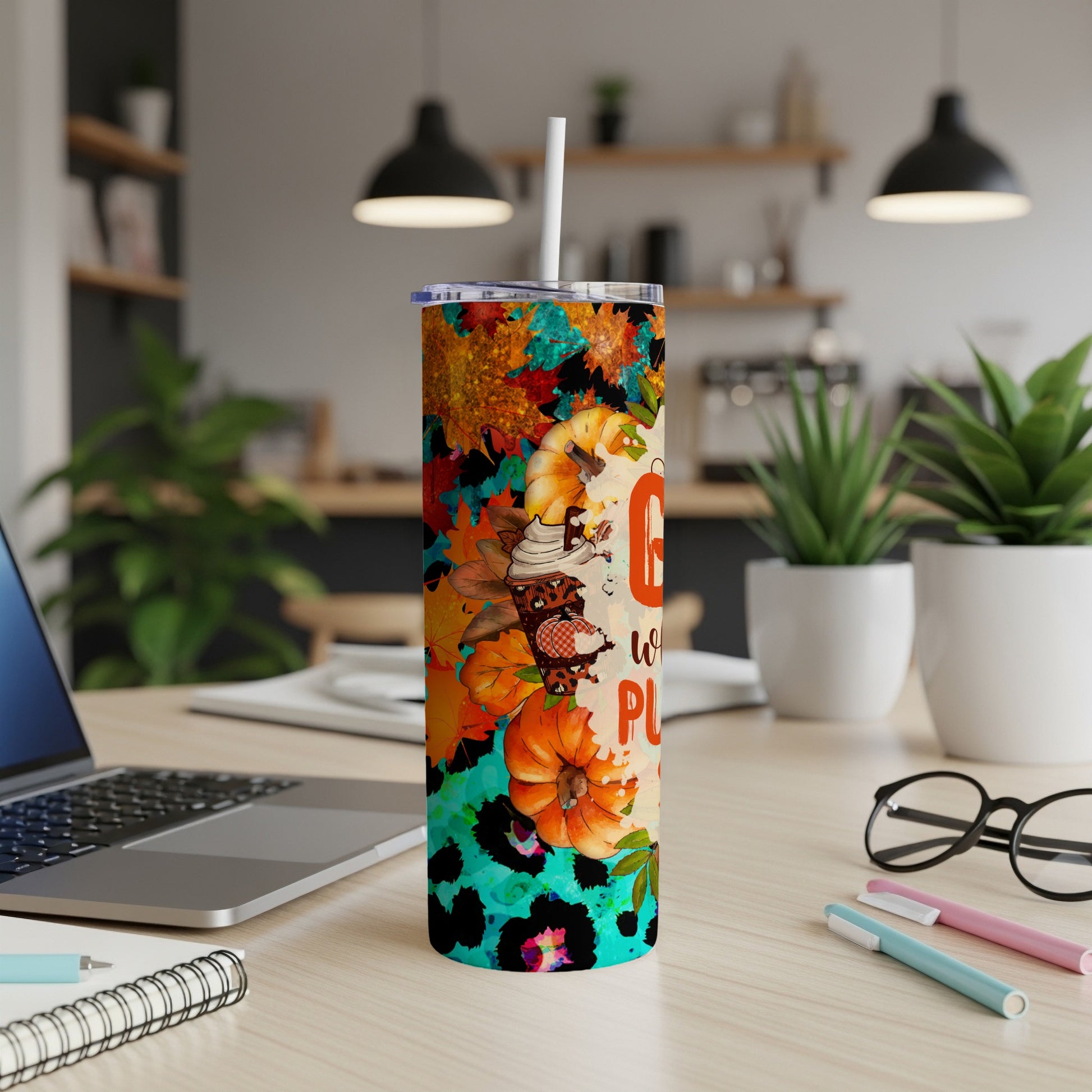Pumpkin spice and everything nice tumbler with fall leaves and leopard print.