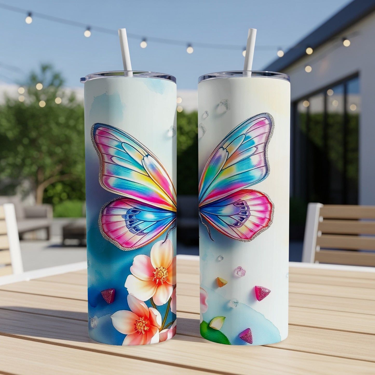 Two tumblers with colorful butterfly wings and flowers art, on a table.
