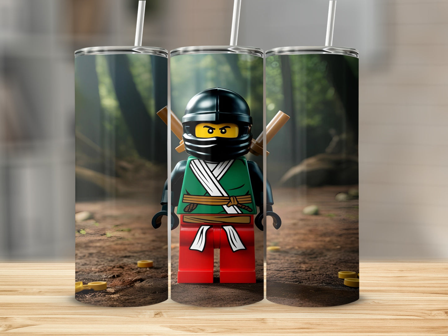 Ninjago character on a tumbler, featuring a wooded background.