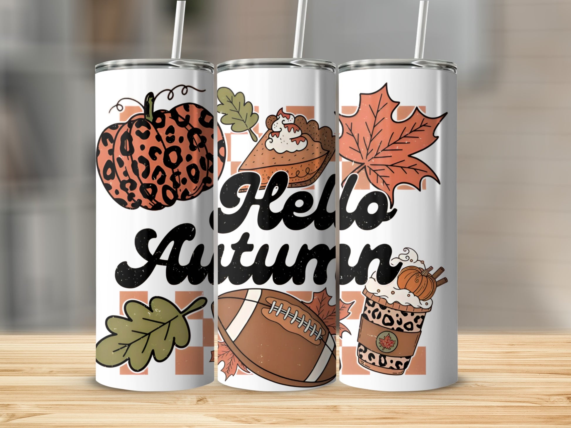 "Hello Autumn" tumbler with pumpkin, pie, football, and latte designs.